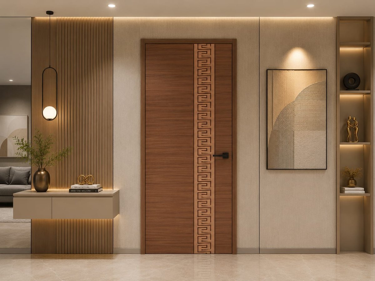 Walnut with Greek-key inlay — UV Coated Doors by Om Industries