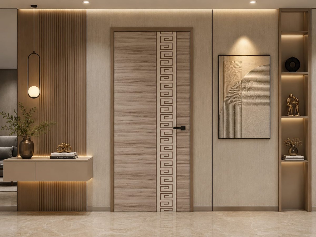 Light oak with Greek-key inlay — UV Coated Doors by Om Industries